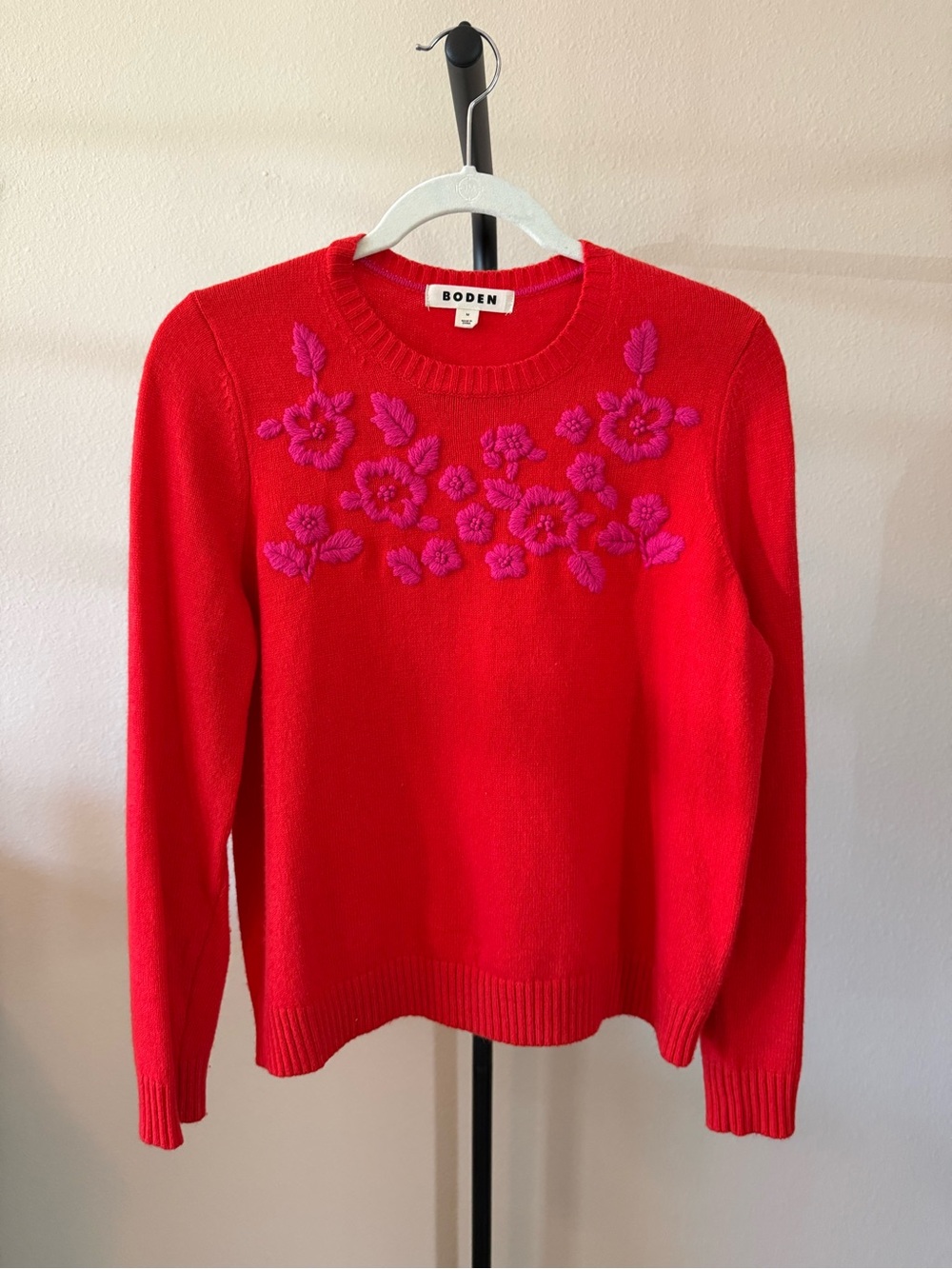 Boden Bright Red Crewneck Sweater with Pink Floral Embroidery